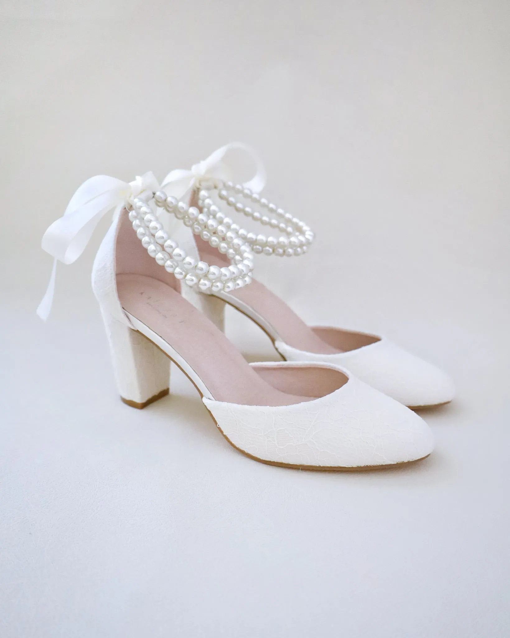 Lace Block Heel with Double Pearls Ankle Strap