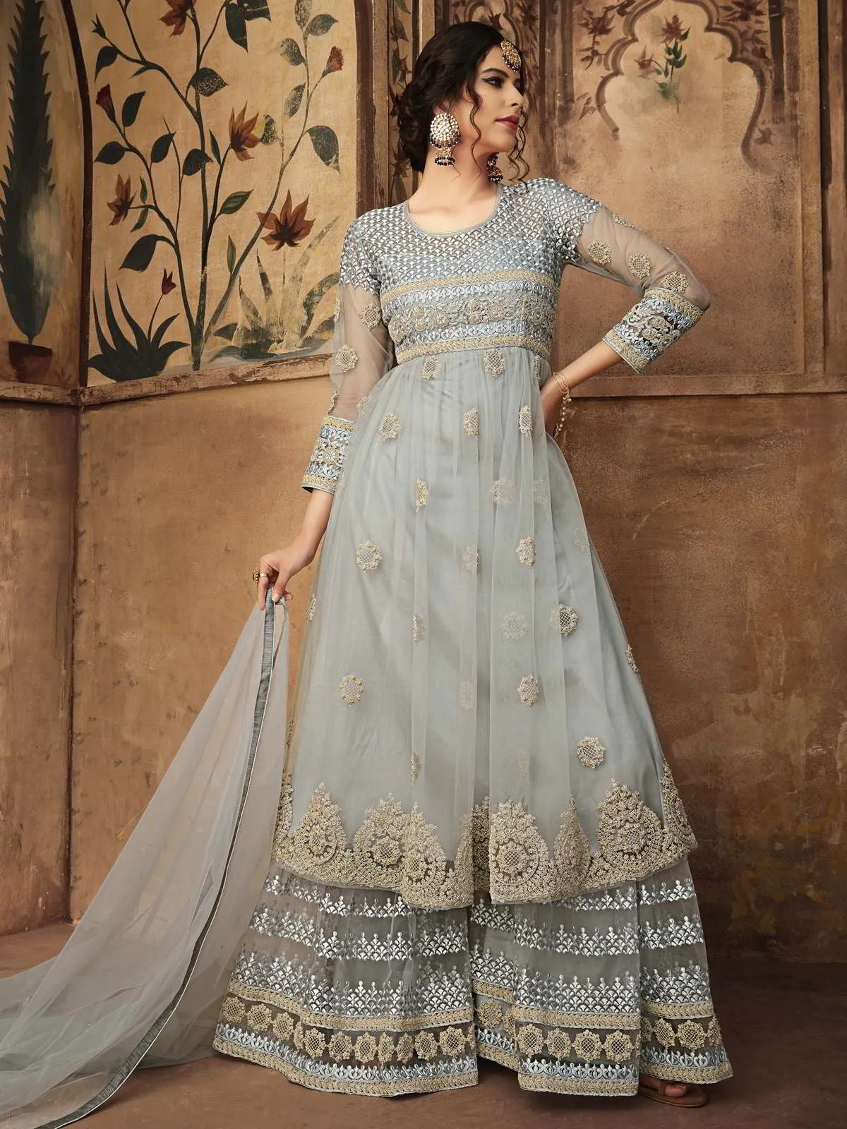 Light Teal Thread Embroidered Party Wear Sharara Suit