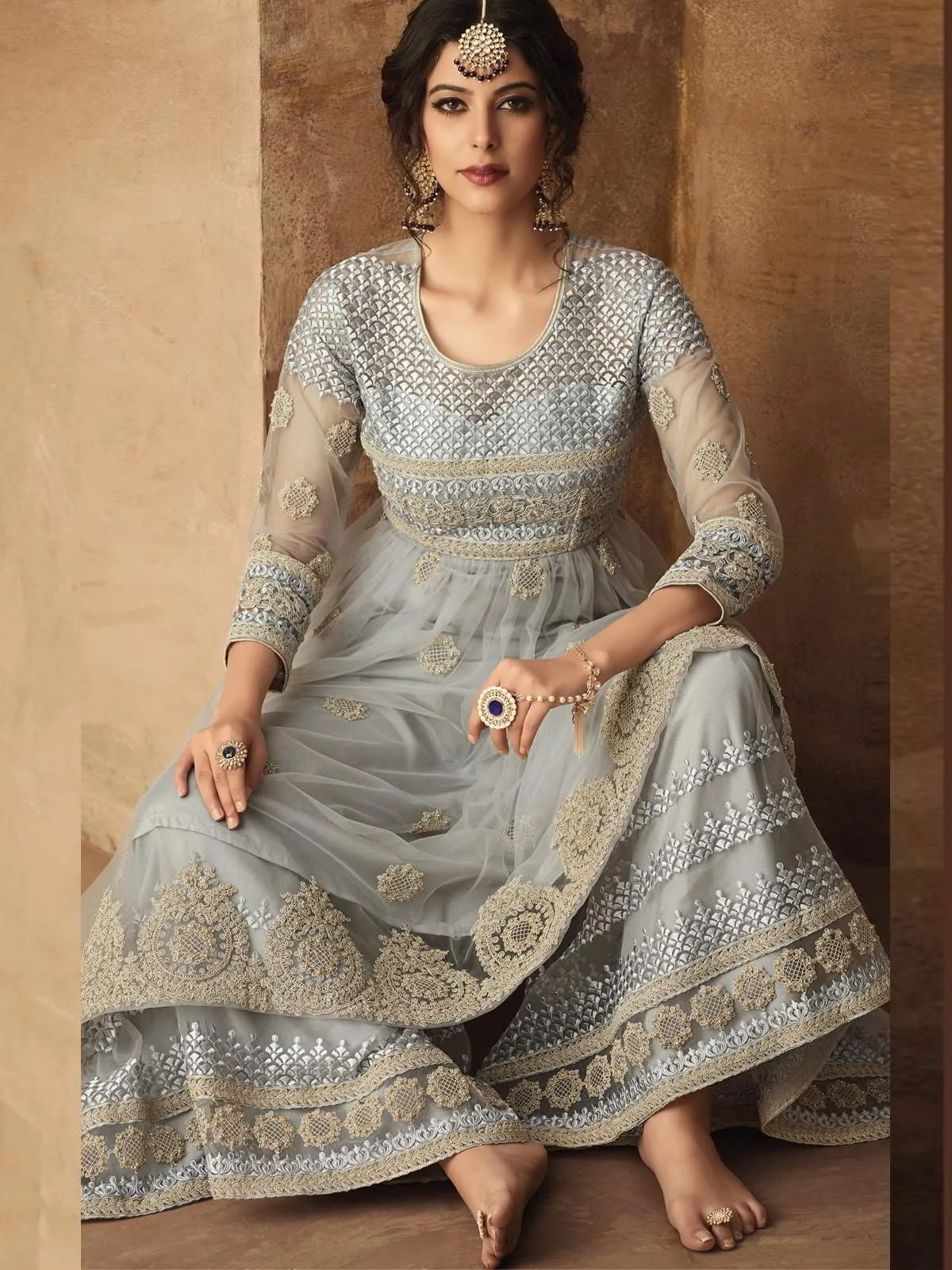 Light Teal Thread Embroidered Party Wear Sharara Suit