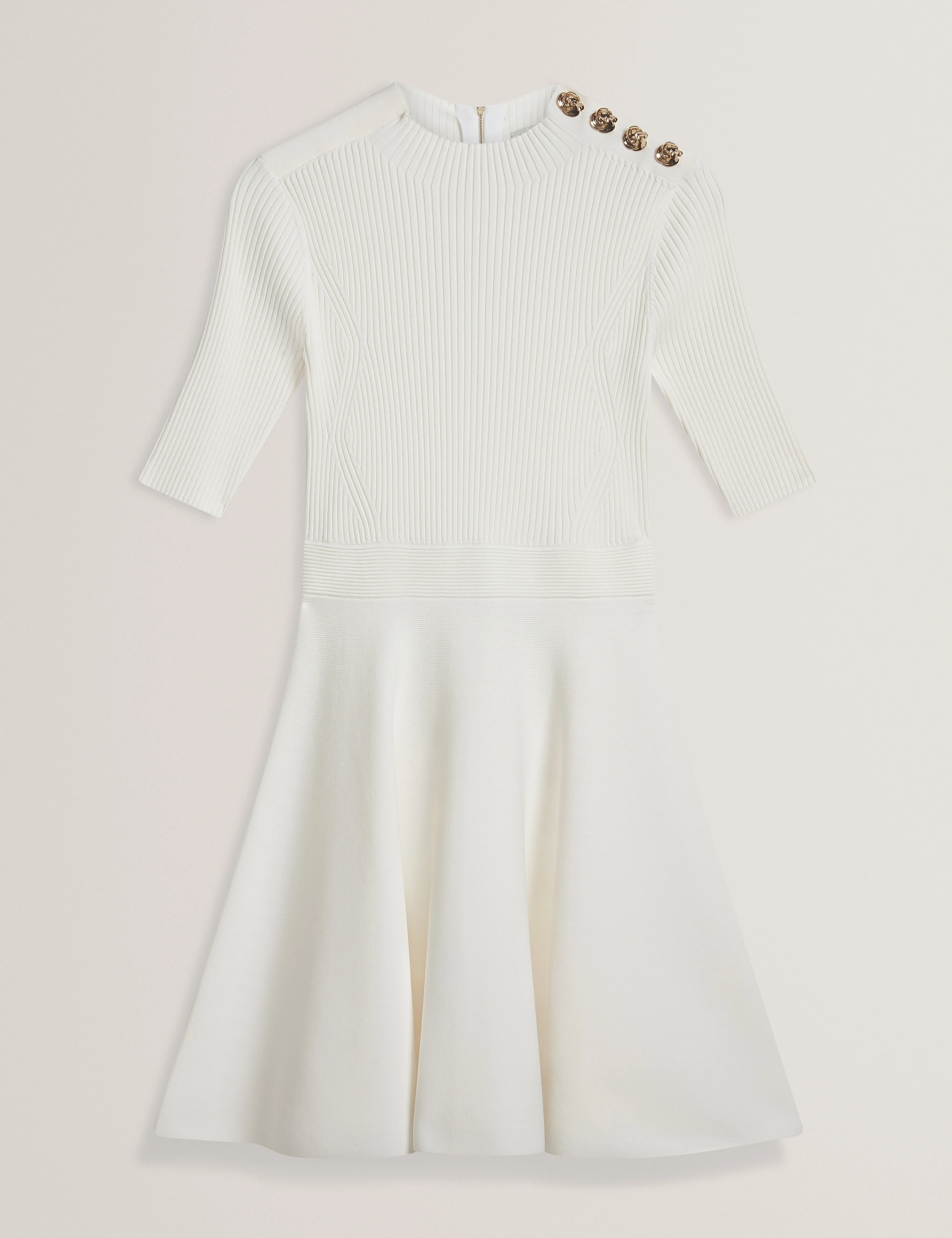 Lilano Ribbed Knit Button Detail Skater Dress Ivory