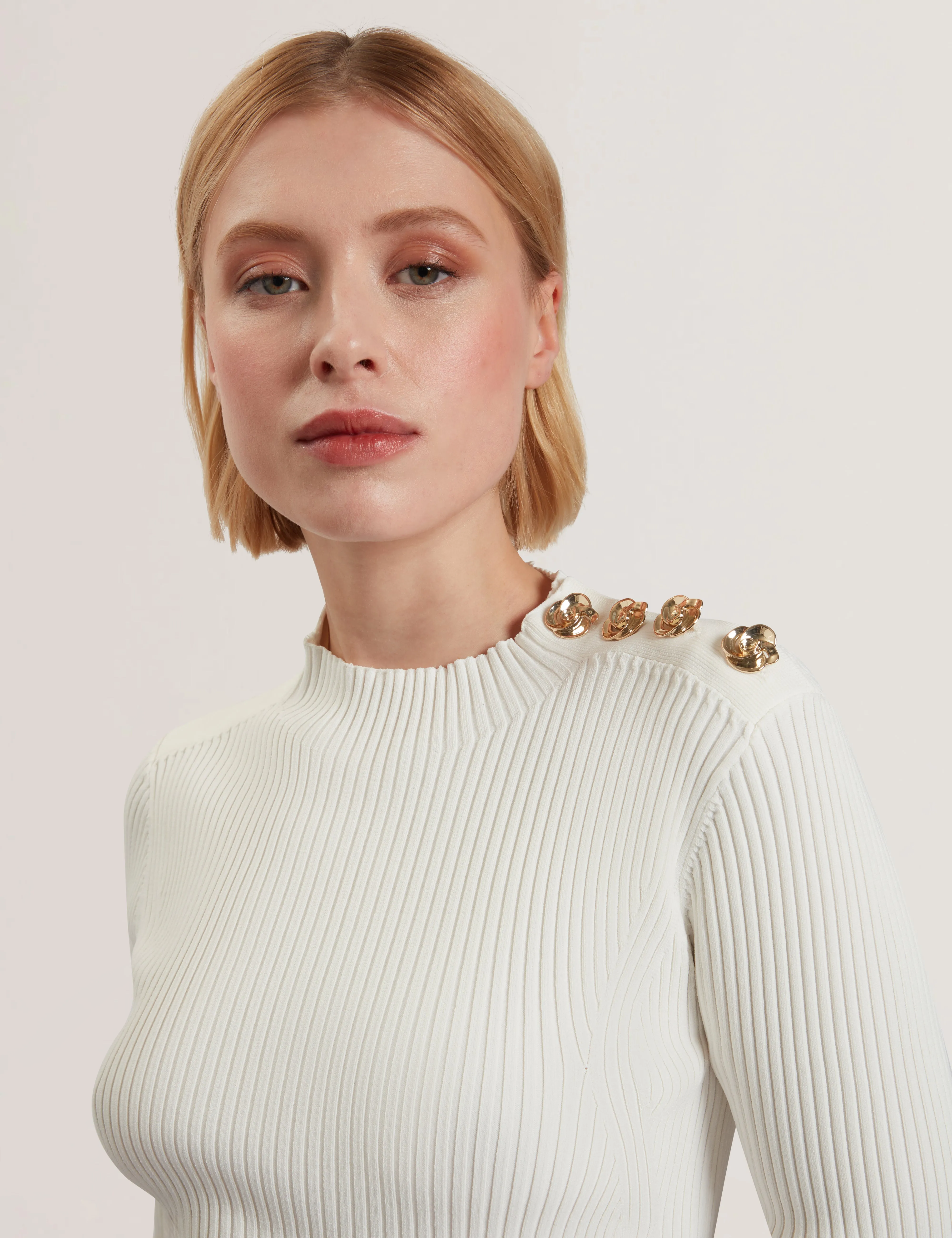 Lilano Ribbed Knit Button Detail Skater Dress Ivory