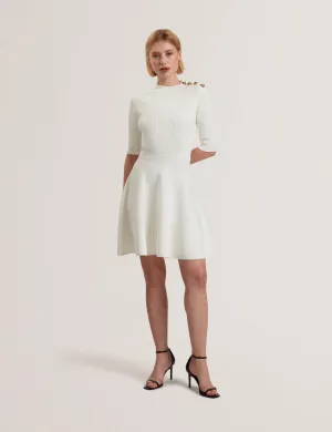 Lilano Ribbed Knit Button Detail Skater Dress Ivory