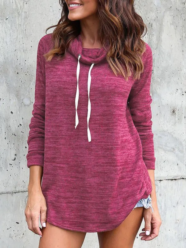 Long-sleeved High-necked Retractable Rope Casual Tops