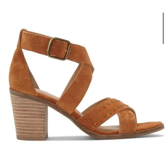 Lucky Brand Kelsey Heel Sandal Size 7.5 Open Toe Sandal Brown Suede Block Heel