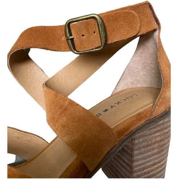 Lucky Brand Kelsey Heel Sandal Size 7.5 Open Toe Sandal Brown Suede Block Heel