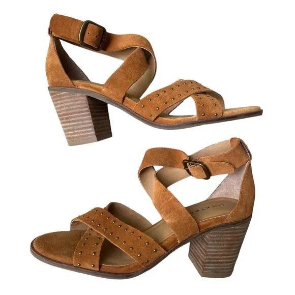 Lucky Brand Kelsey Heel Sandal Size 7.5 Open Toe Sandal Brown Suede Block Heel