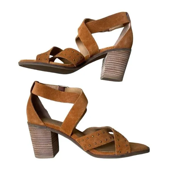 Lucky Brand Kelsey Heel Sandal Size 7.5 Open Toe Sandal Brown Suede Block Heel