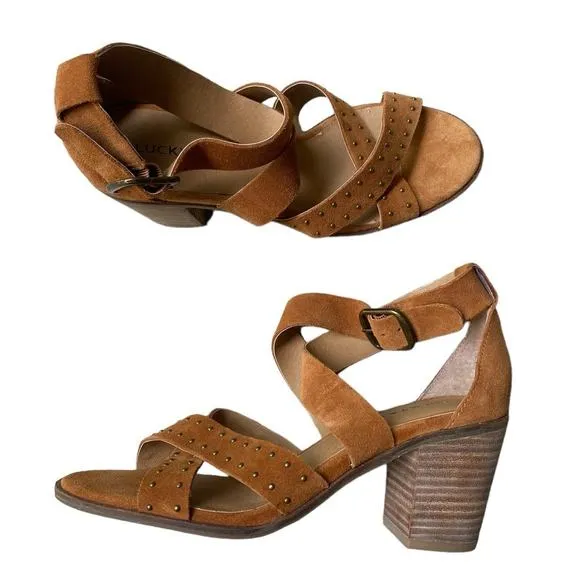 Lucky Brand Kelsey Heel Sandal Size 7.5 Open Toe Sandal Brown Suede Block Heel