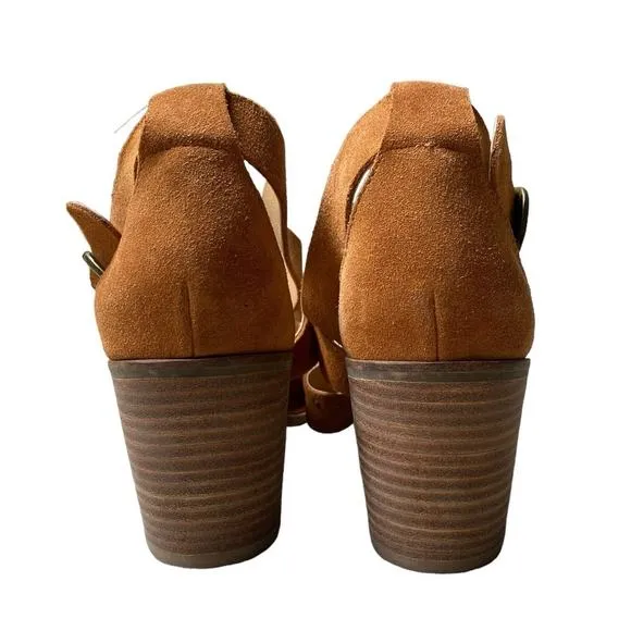 Lucky Brand Kelsey Heel Sandal Size 7.5 Open Toe Sandal Brown Suede Block Heel