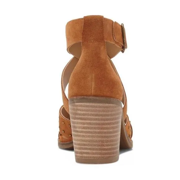 Lucky Brand Kelsey Heel Sandal Size 7.5 Open Toe Sandal Brown Suede Block Heel