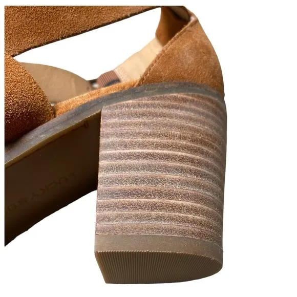 Lucky Brand Kelsey Heel Sandal Size 7.5 Open Toe Sandal Brown Suede Block Heel