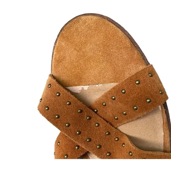 Lucky Brand Kelsey Heel Sandal Size 7.5 Open Toe Sandal Brown Suede Block Heel