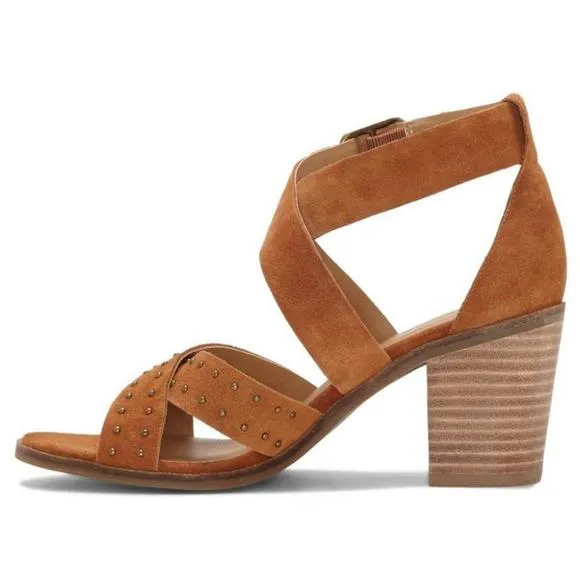 Lucky Brand Kelsey Heel Sandal Size 7.5 Open Toe Sandal Brown Suede Block Heel