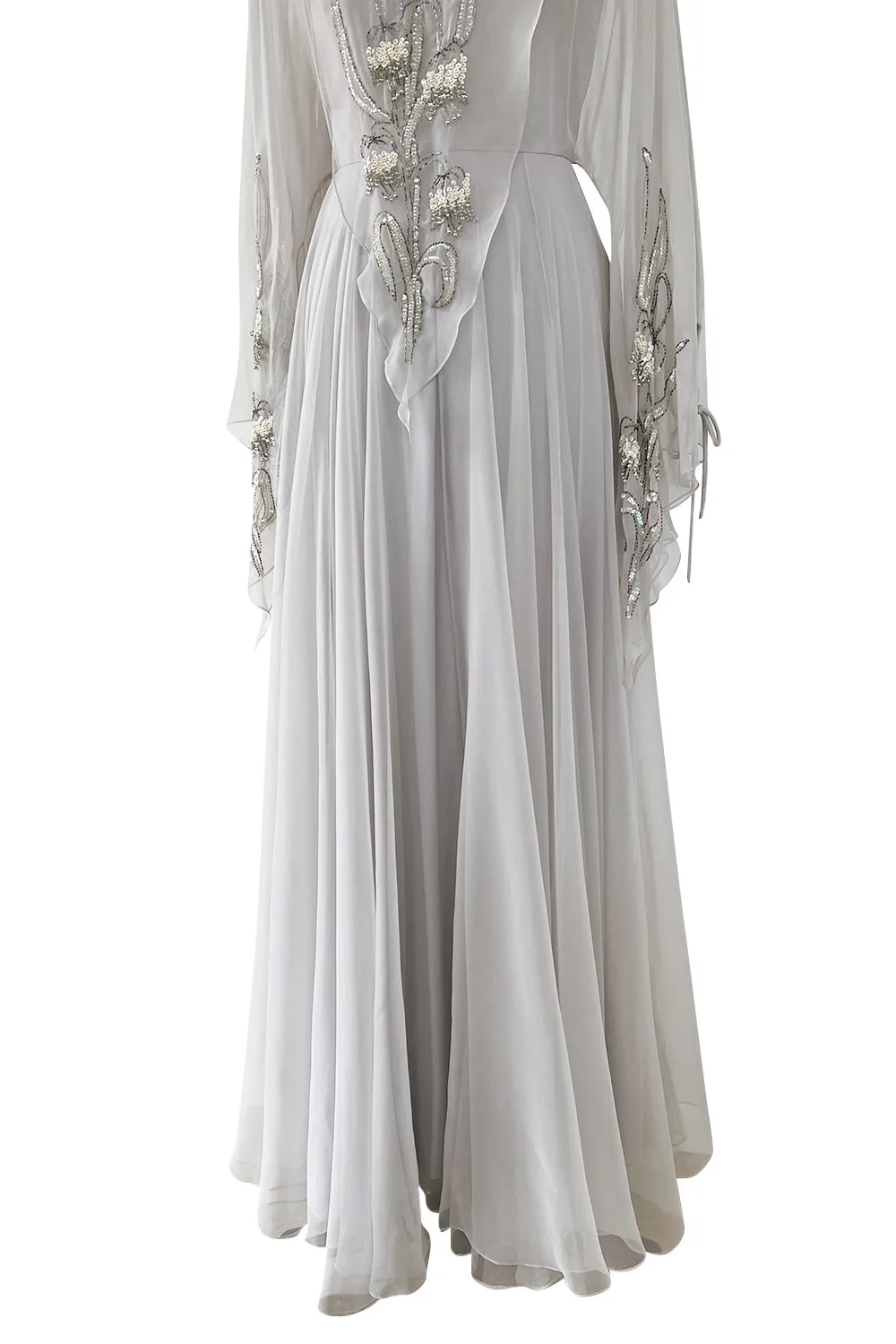 Magical 1970s Jean Varon Palest Silver Grey Chiffon Dress w Amgel Sleeves & Sequins