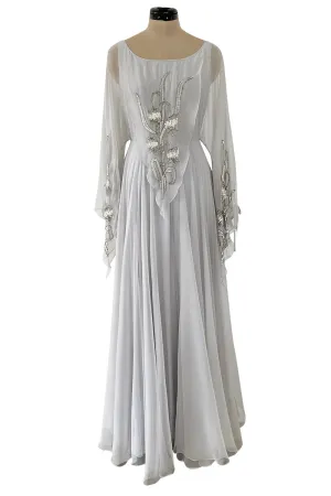 Magical 1970s Jean Varon Palest Silver Grey Chiffon Dress w Amgel Sleeves & Sequins