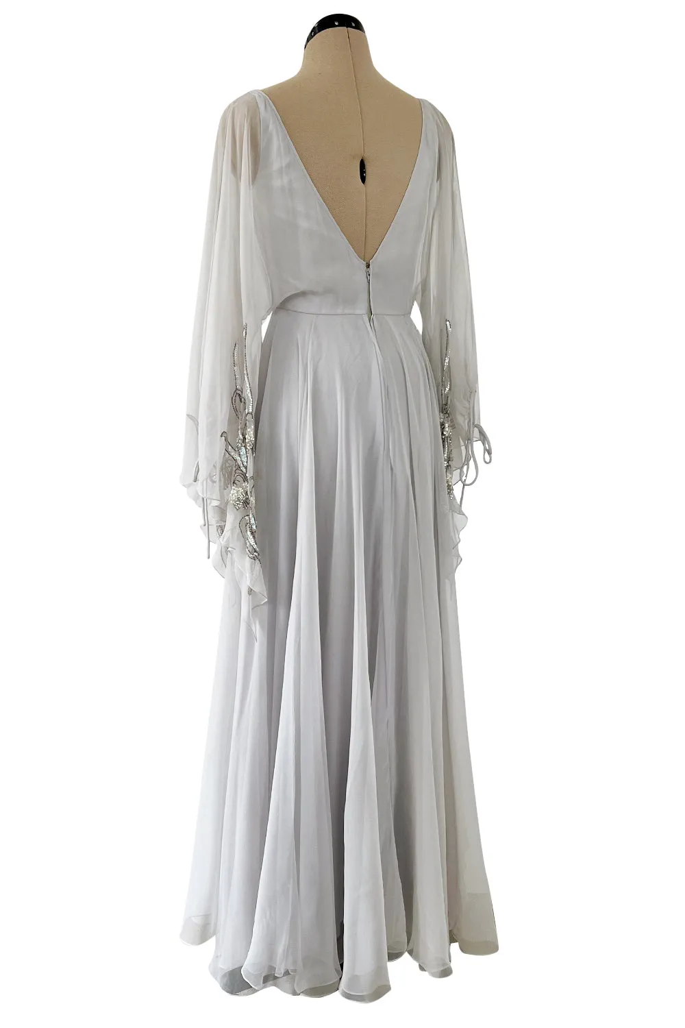 Magical 1970s Jean Varon Palest Silver Grey Chiffon Dress w Amgel Sleeves & Sequins
