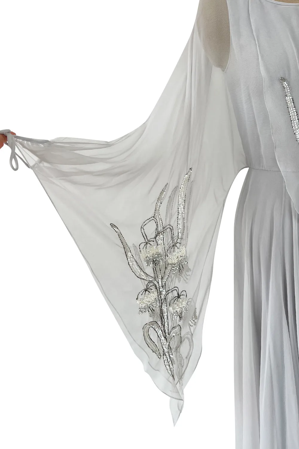 Magical 1970s Jean Varon Palest Silver Grey Chiffon Dress w Amgel Sleeves & Sequins