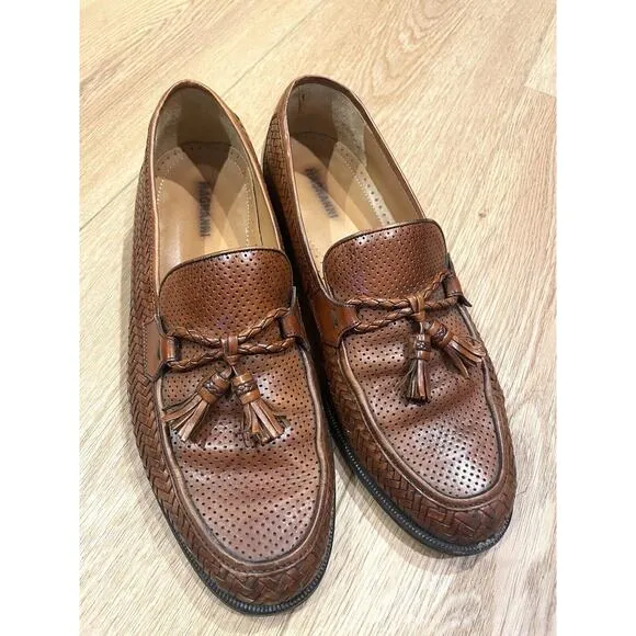 MAGNANNI MENS SHOES WOVEN TASSLE LOAFER 8.5 M COGNAC BROWN BEAUTIFUL #11545