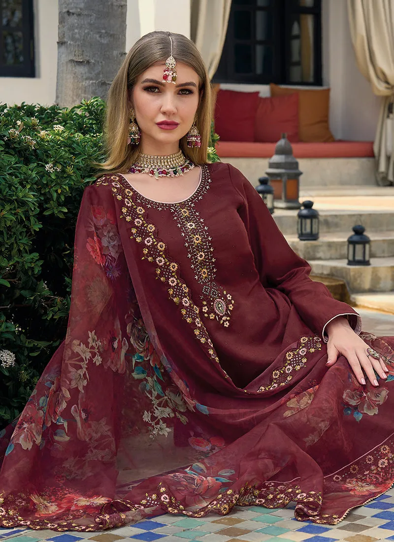 Maroon Multi Embroidery Pakistani Pant Style Suit