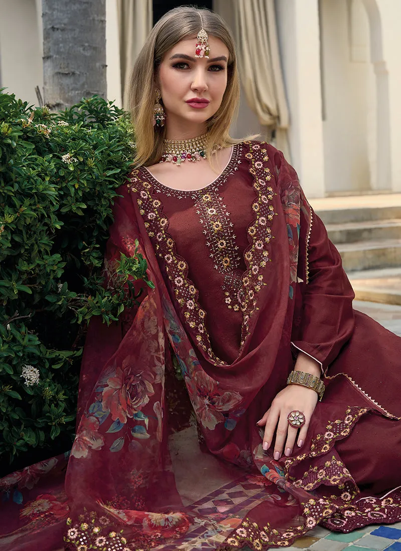 Maroon Multi Embroidery Pakistani Pant Style Suit