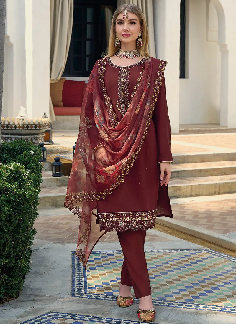 Maroon Multi Embroidery Pakistani Pant Style Suit