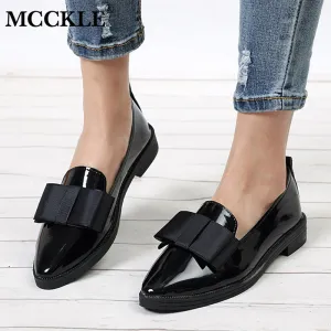 MCCKL Autumn Flats Women Shoes Bowtie Loafers Patent Leather Elegant Low Heels Slip On Footw Female Pointed Toe Thick Heel