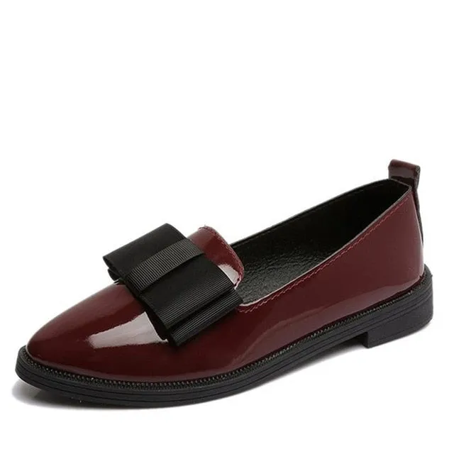 MCCKL Autumn Flats Women Shoes Bowtie Loafers Patent Leather Elegant Low Heels Slip On Footw Female Pointed Toe Thick Heel