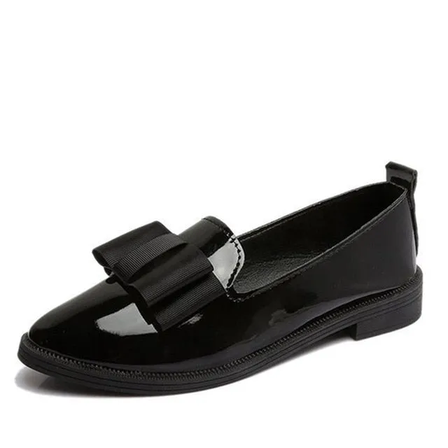 MCCKL Autumn Flats Women Shoes Bowtie Loafers Patent Leather Elegant Low Heels Slip On Footw Female Pointed Toe Thick Heel