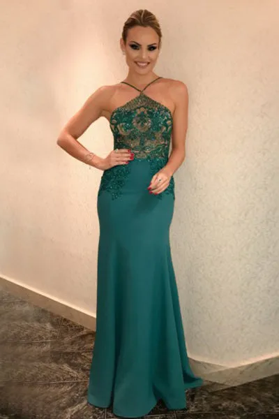 Mermaid Cross Neck Floor-Length Dark Green Satin Prom Dress with Beading Q91