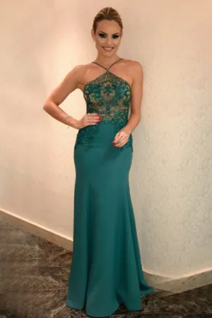 Mermaid Cross Neck Floor-Length Dark Green Satin Prom Dress with Beading Q91