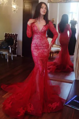 Mermaid Deep V-neck Long Sleeves Sweep Train Red Prom Dress with Lace Beading P90