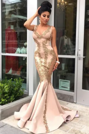 Mermaid Scoop Sweep Train Champagne Prom Dress with Appliques OHC070