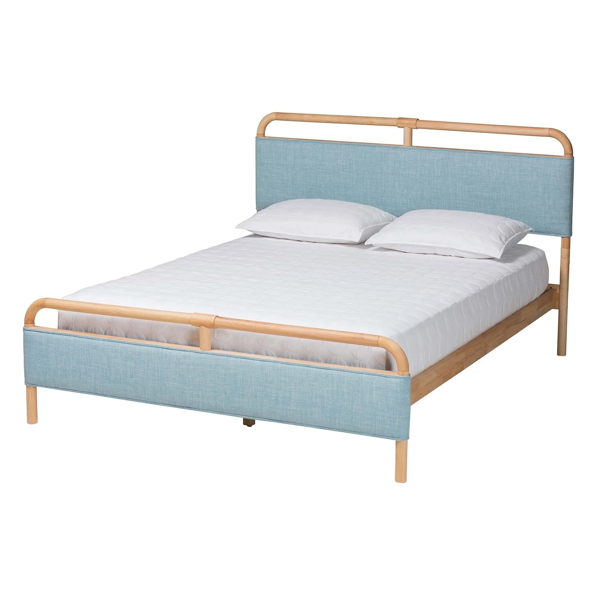 Modern and Contemporary Baby Blue Fabric Natural Wood Queen Size
