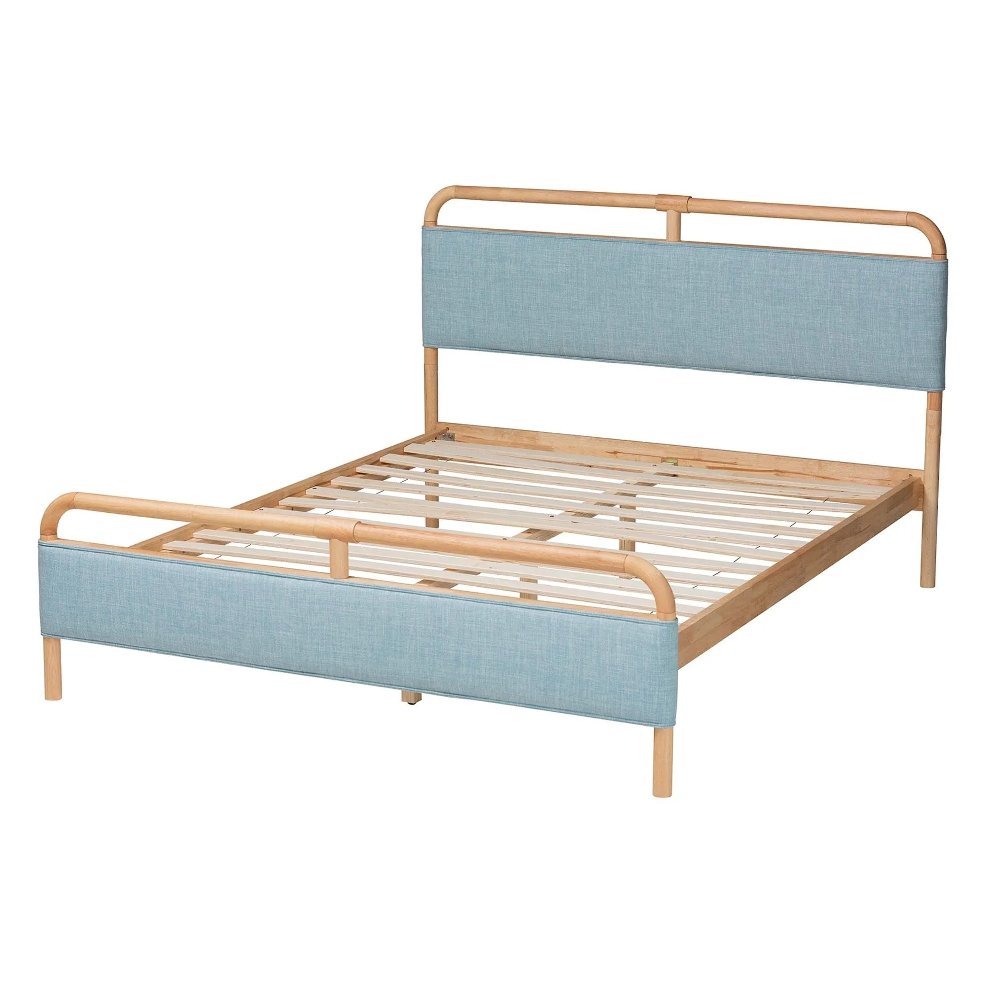 Modern and Contemporary Baby Blue Fabric Natural Wood Queen Size