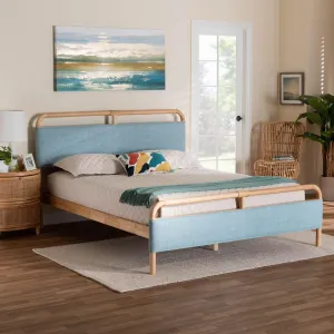 Modern and Contemporary Baby Blue Fabric Natural Wood Queen Size