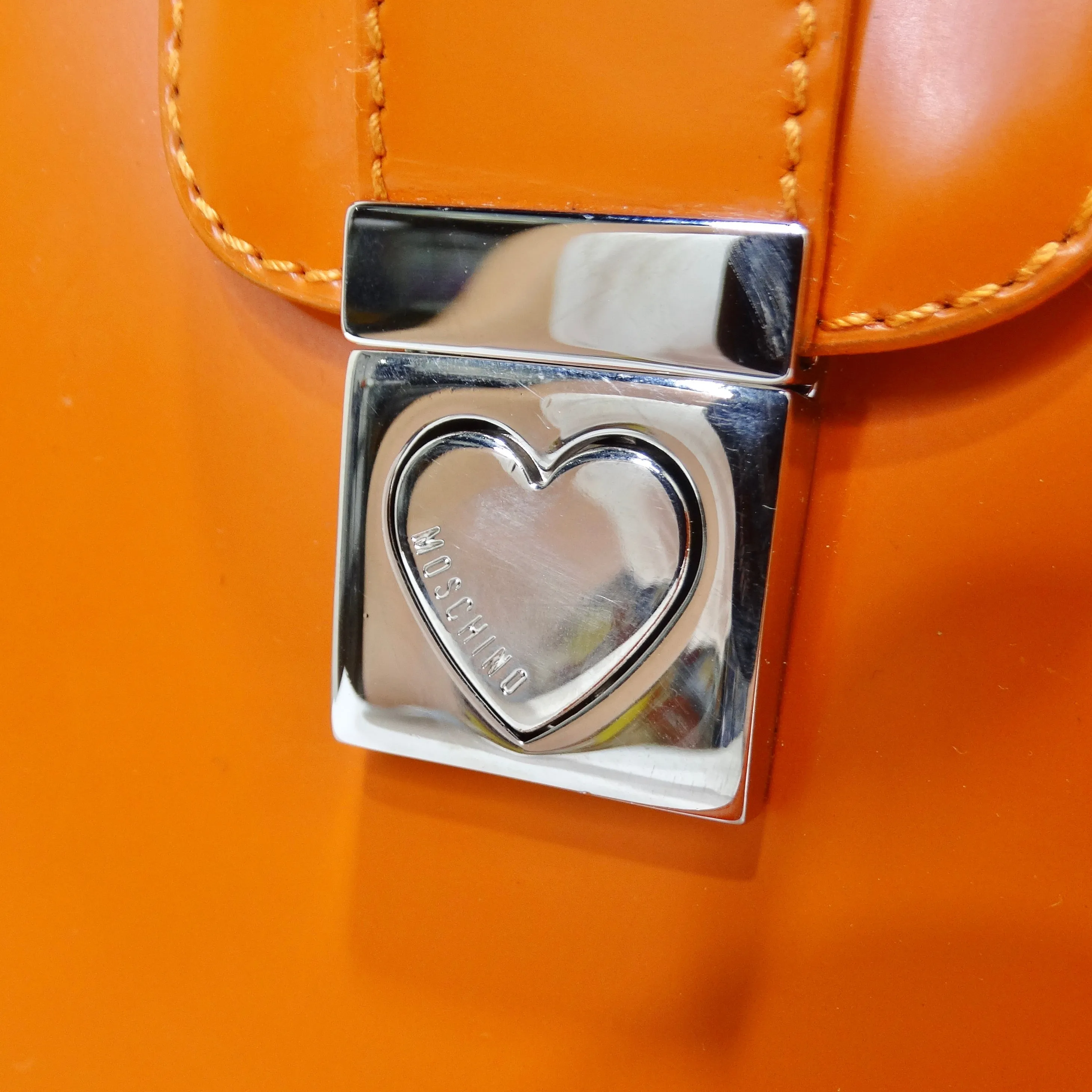 Moschino Orange Top Handle Leather Handbag