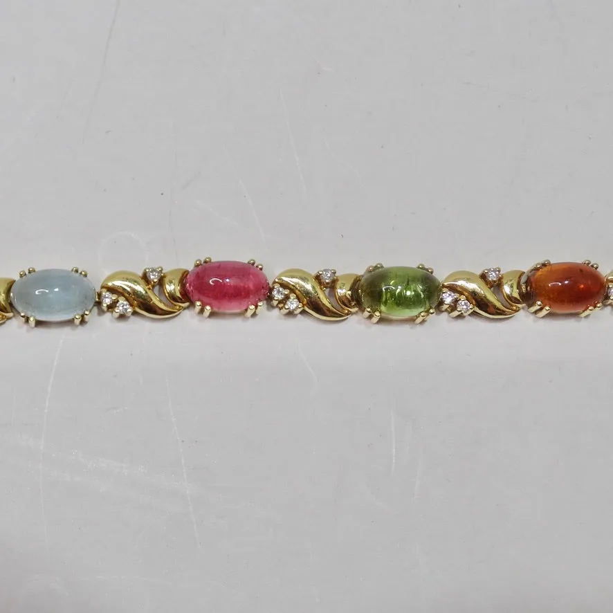 Multi Gem Cabachon, Tourmaline and Aquamarine Diamond Bracelet 1980s