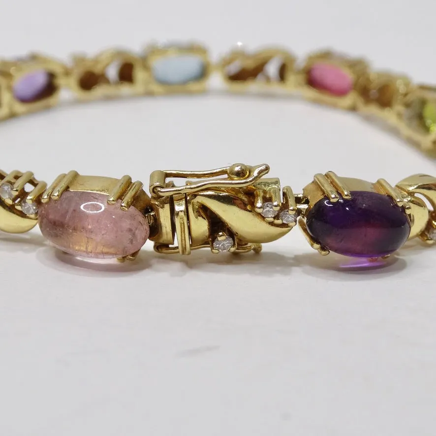 Multi Gem Cabachon, Tourmaline and Aquamarine Diamond Bracelet 1980s