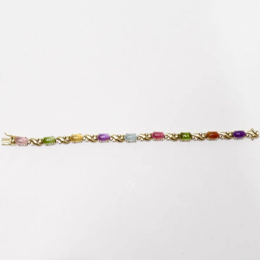 Multi Gem Cabachon, Tourmaline and Aquamarine Diamond Bracelet 1980s