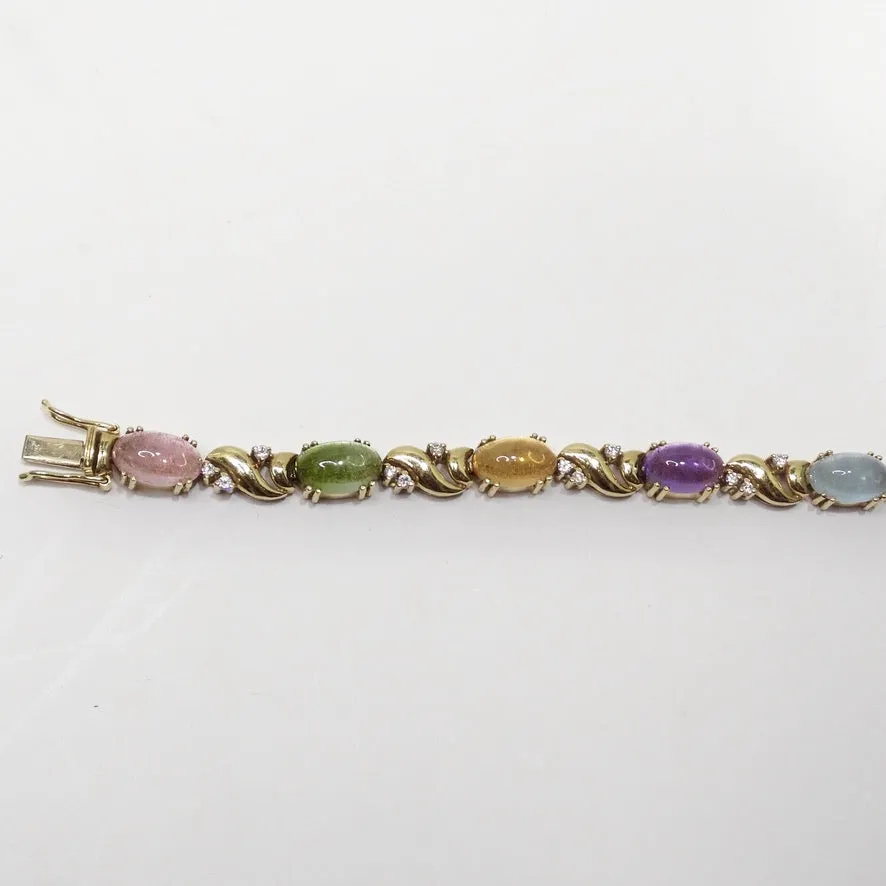 Multi Gem Cabachon, Tourmaline and Aquamarine Diamond Bracelet 1980s
