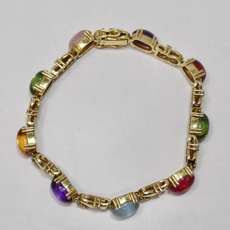 Multi Gem Cabachon, Tourmaline and Aquamarine Diamond Bracelet 1980s