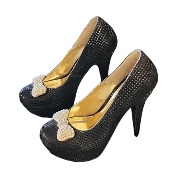 Muuy Fresos Zapateria Platform Heels Size 7.5 8 Mexico Pearls Bows Goth Punk