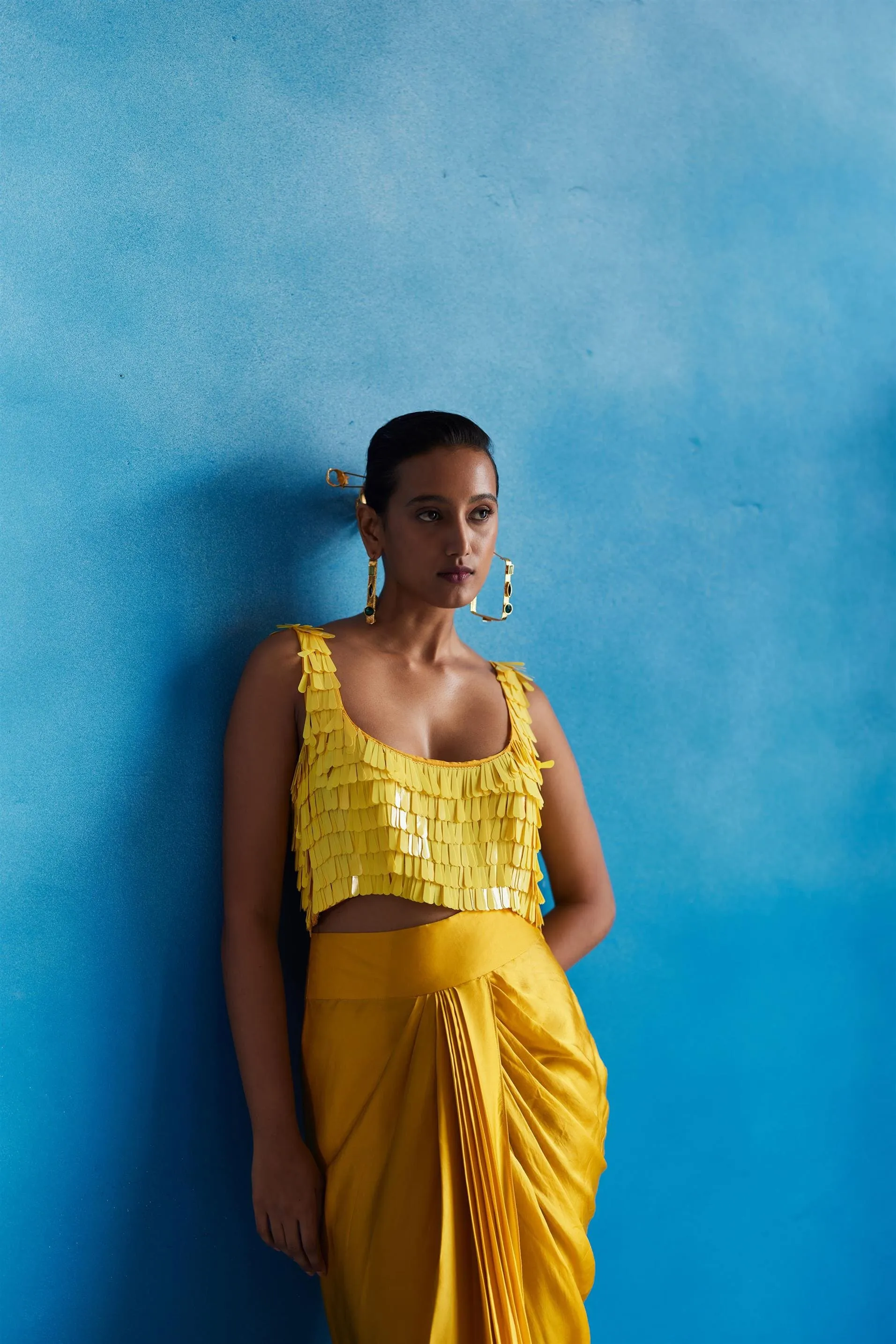 New Season Summer to Fall 2024-Co-ord Canary Sequin Blouse Knot Skirt Vegan Silk Yellow-Studio Rigu-Fashion Edit Amazonico