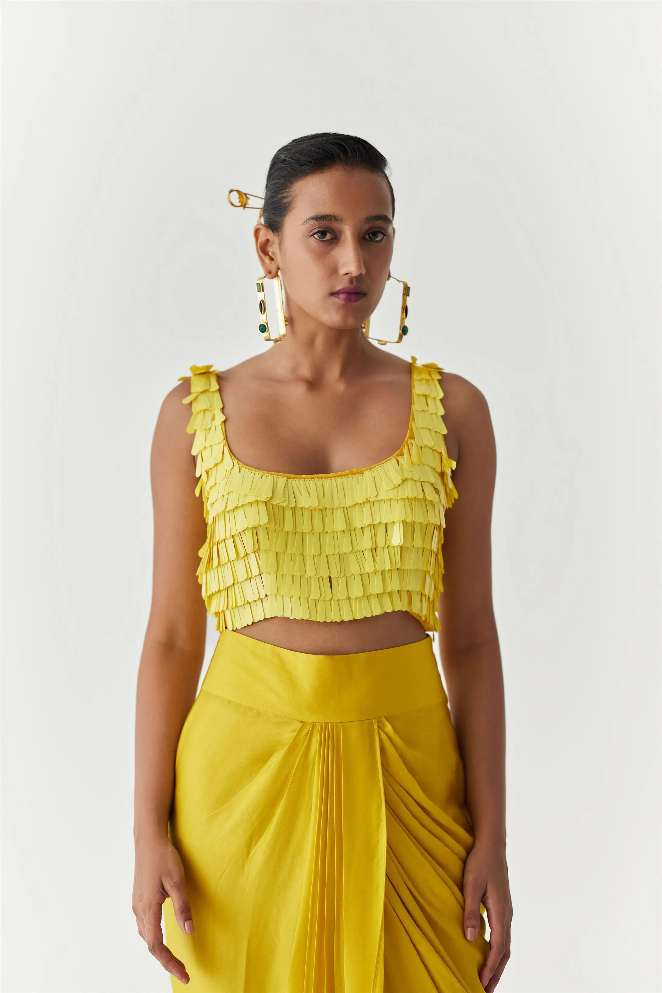 New Season Summer to Fall 2024-Co-ord Canary Sequin Blouse Knot Skirt Vegan Silk Yellow-Studio Rigu-Fashion Edit Amazonico