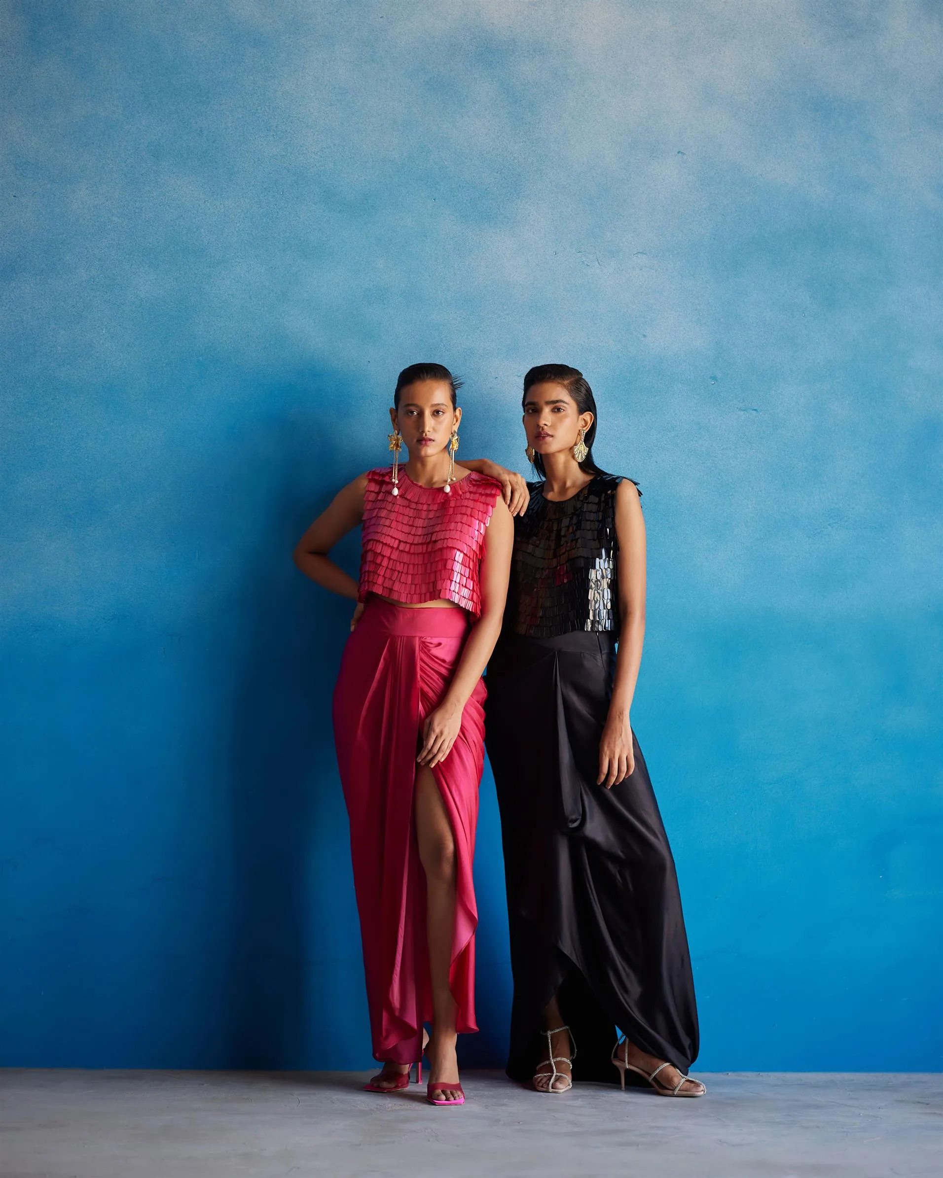 New Season Summer to Fall 2024-Co-ord Scarlet Sequin Blouse Knot Skirt Vegan Silk Pink-Studio Rigu-Fashion Edit Amazonico