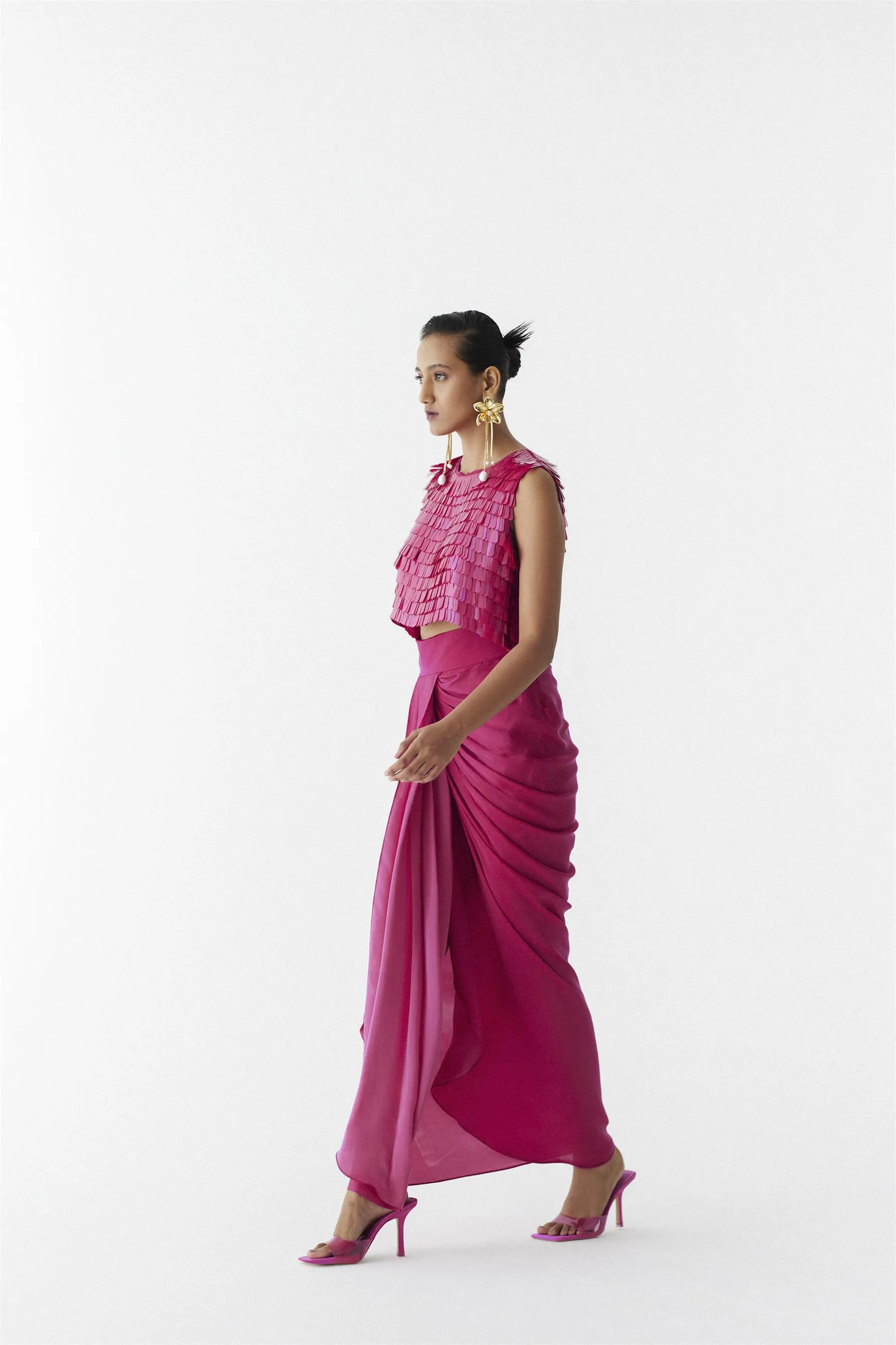 New Season Summer to Fall 2024-Co-ord Scarlet Sequin Blouse Knot Skirt Vegan Silk Pink-Studio Rigu-Fashion Edit Amazonico