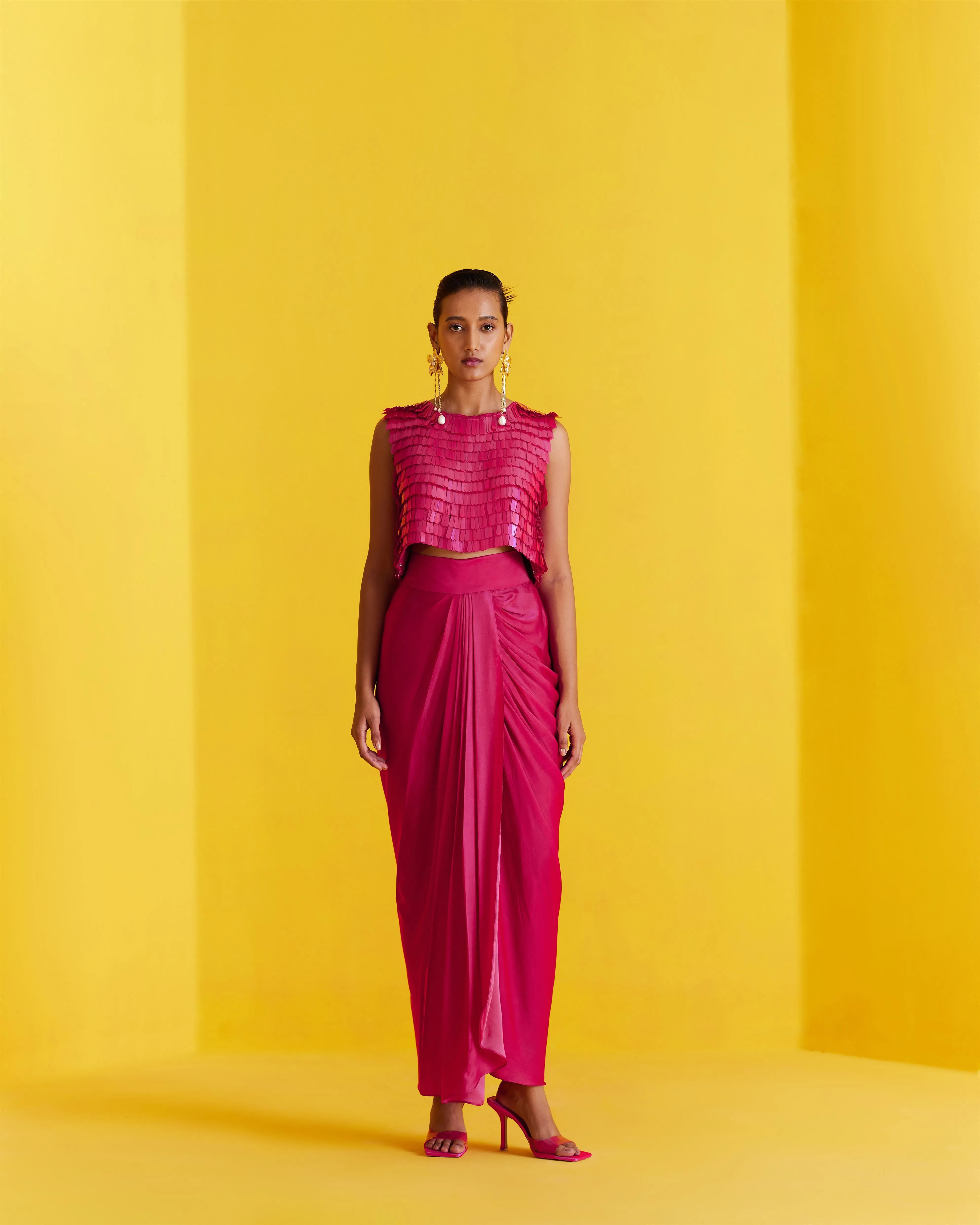 New Season Summer to Fall 2024-Co-ord Scarlet Sequin Blouse Knot Skirt Vegan Silk Pink-Studio Rigu-Fashion Edit Amazonico