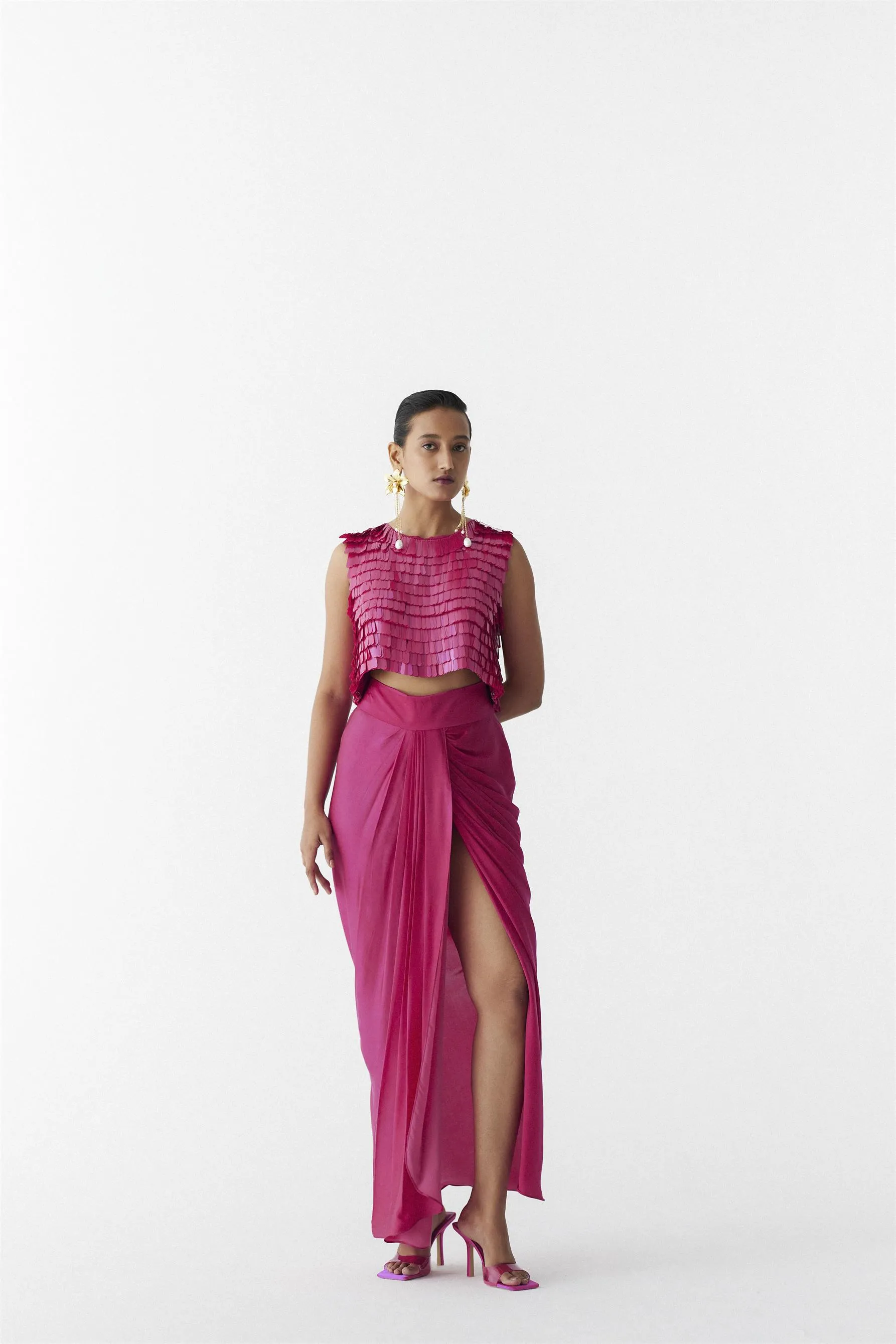 New Season Summer to Fall 2024-Co-ord Scarlet Sequin Blouse Knot Skirt Vegan Silk Pink-Studio Rigu-Fashion Edit Amazonico