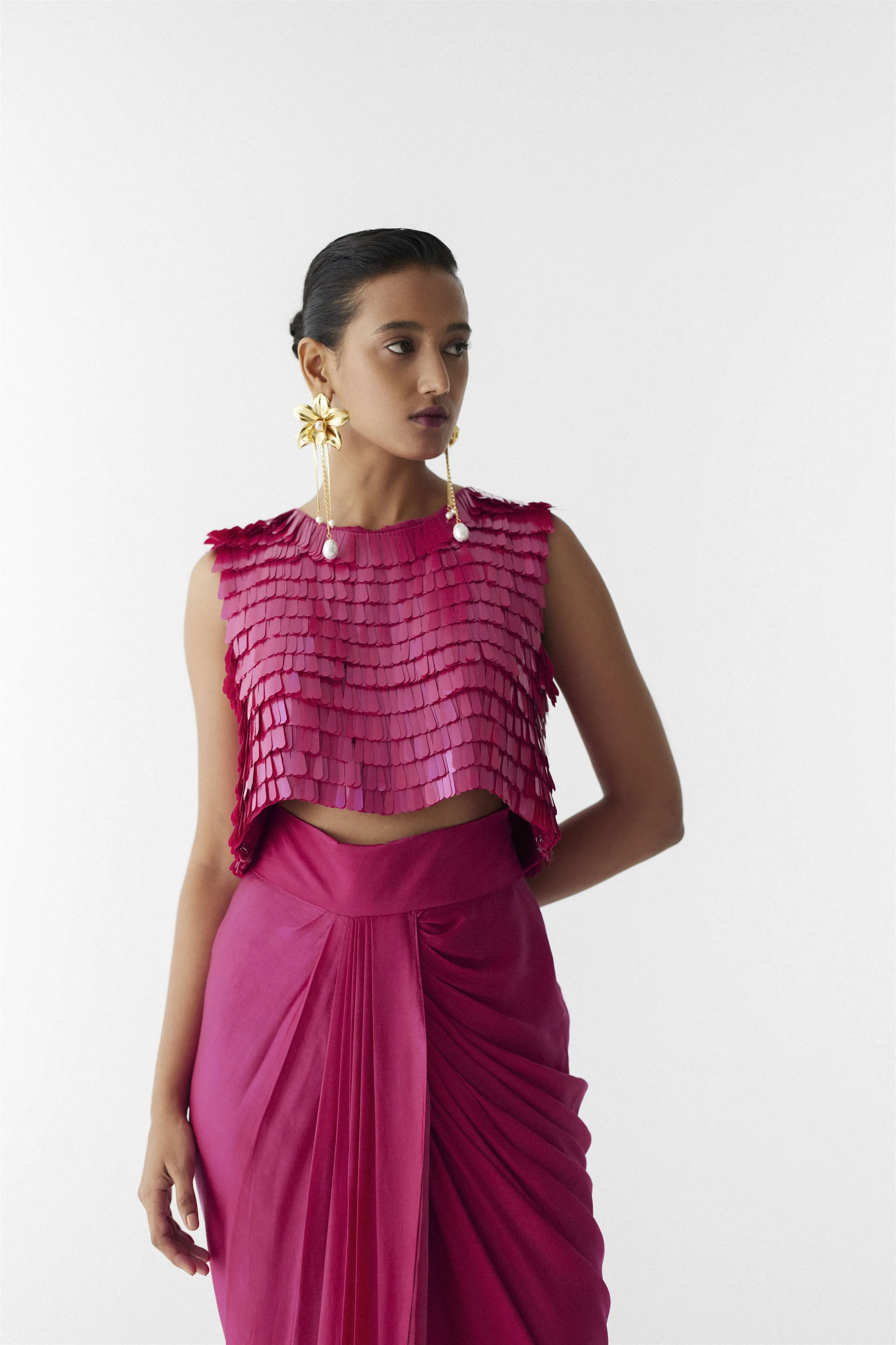 New Season Summer to Fall 2024-Co-ord Scarlet Sequin Blouse Knot Skirt Vegan Silk Pink-Studio Rigu-Fashion Edit Amazonico