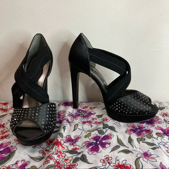 Nina New York Black Satin Rhinestone Platform Strap Heels